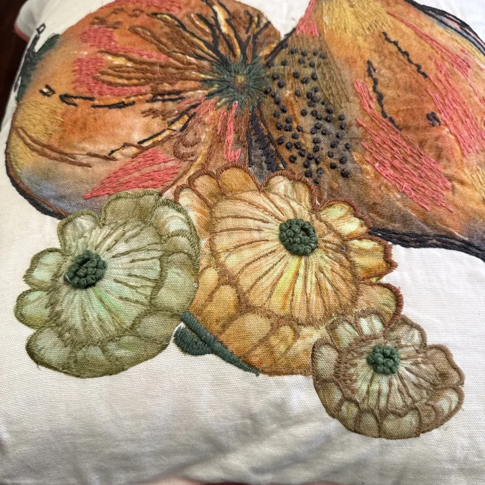Pottery Barn Throw Pillow Velvet‎ Embroidered Applique Botanical Feather Insert
